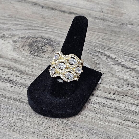 Vintage Gold Tone Multi Row CZ Diamond Cluster Chunky Wide Statement Ring - Picture 3 of 10